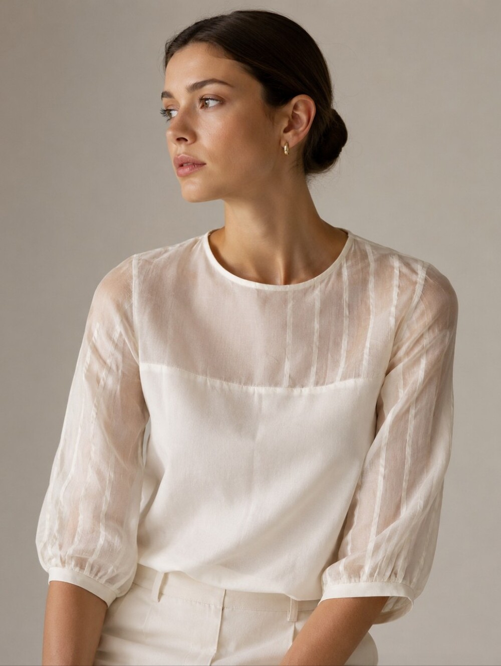 ANNE FONTAINE Ivory Sheer Sleeve Luxury Top Size 40